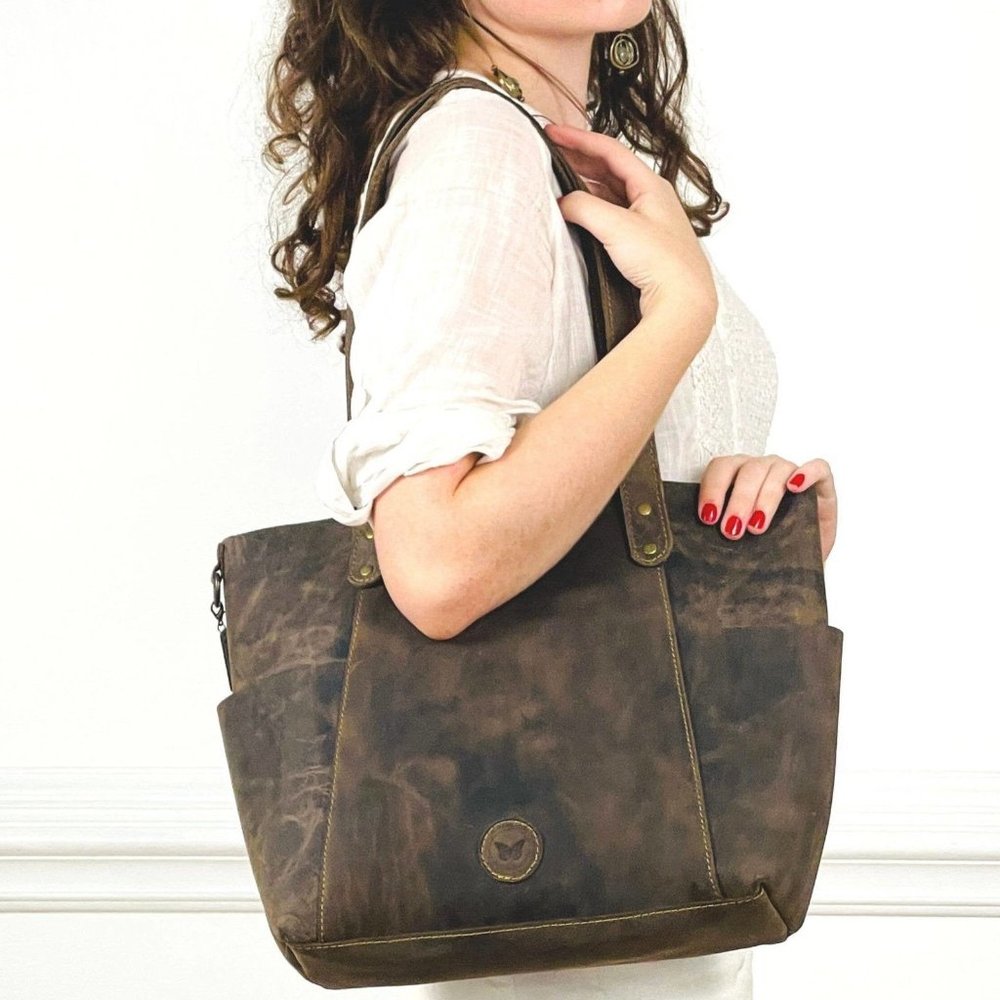 Handmade Stylish Off Black Leather Tote Bag with Pockets